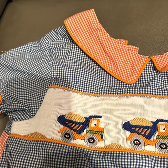 Beaux et Belles navy gingham check one piece with dump trucks on the front smock - Picture 4 of 6